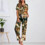 Naiste j&auml;&auml;siidist satiinist j&otilde;uluprintidega pidžaamakomplekt l&uuml;hikeste varrukatega s&auml;rgi ja pikkade pidžaamap&uuml;kste komplekt Pehmed koduriided XXL kollane