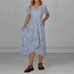 Naiste vabaaja tr&uuml;kitud V-kaelusega t&otilde;mblukuga l&uuml;hikeste varrukatega paneelidega suur pikk kleit XXL tumesinine