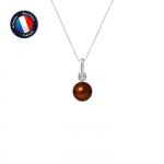 PERLINEA - Pendentif - V&eacute;ritable Perle de Culture d'Eau Douce Bouton 6-7 mm Chocolat - Or Blanc - Cha&icirc;ne Offerte - Bijoux Femme