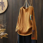 Johnature Vintage stiilis plaastrid O-kaelusega vabaaja avar sviiter, naine, talvine pikkade varrukatega retrokampsun One Size kollane