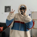 Jaapan Korea stiil Mood fliisist kapuutsid Meeste lapiline triibuline kapuutsiga dressipluus Meeste lahtised mantlid Tudengite vabaaja topid Pullover XXL