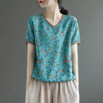 Suvine kirjanduslik retro V-kaelusega l&uuml;hikeste varrukatega T-s&auml;rk naiste suvine avar etniline lilleline pluus XXXXL sinine