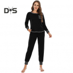 2 tk/komplekt Kevad Naiste Top P&uuml;ksid &Uuml;likond Pikad Varrukad &Uuml;mara kaelus Elastne V&ouml;&ouml;koht Lahtised P&uuml;ksid Outfit Kodur&otilde;ivad Riided Pidžaama komplekt &Ouml;&ouml;p&uuml;kste komplekt L must