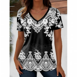 Naiste T-s&auml;rk Graafiline geomeetriline Paisley Bohemia Vintage l&uuml;hikeste varrukatega V-kaelusega tavalised topid igap&auml;evaseks v&auml;ljas&otilde;iduks kandmiseks suvel S