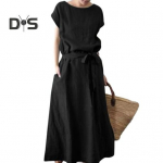 Naiste boho puuvillase lina maksikleit suvine l&uuml;hikeste varrukatega &uuml;mara kaelusega pikk kleit v&ouml;&ouml; ja taskutega vabaaja rannakleit M must