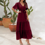 Naiste V-kaelusega k&otilde;rge v&ouml;&ouml;kohaga lipsu kleit, pikk l&uuml;hikeste varrukatega kleit p&uuml;hade reisikleit XXL