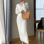 Valged Naiste Kleitid S&uuml;gis Talv Uus V-kaelusega Prantsuse Stiilis Kleitid Vintage Elegantne V-kaelusega K&otilde;igega Sobiv Mood Kootud Kleit S valge