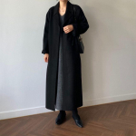 Elegantne villane mantel naistele s&uuml;gis-talve hooajaks, keskmise pikkusega, reguleeritava v&ouml;&ouml;kohaga, paks, vabaaja stiilis, pikkade varrukatega, moekas villane mantel XXL must