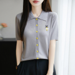 Suvine uuendatud POLO kraega T-s&auml;rk naistele Raskeraskeveokite tikkimine Kitsas l&uuml;hikeste varrukatega Lihtne ja mitmek&uuml;lgne Kootud pullover Poolvarrukatega topp XL hall