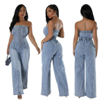 Euroopa & Ameerika Mood Varrukateta Seljata Sirge Jalgadega Denim Tunked Naistele Medium sinine