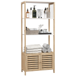 Vannitoakolonn bambusest hoiukapp 3 riiulit 1 kapp 63 x 30 x 138 cm naturaalne puit ja valge 63 x 30 x 138 cm