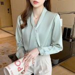 2022 Office Lady Elegantne S&auml;rk Roheline Satiin Pluus Naiste pikkade varrukatega moodne kikilips Linttopsid Riided Blusa Mujer 16707 S roheline