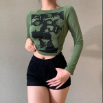 Portreegraafikaga T-s&auml;rk 90ndate Vintage Harajuku pikkade varrukatega Skinny Crop Top Y2k Esteetilised suvised Slim Fit T-s&auml;rk t&auml;navar&otilde;ivad S roheline