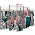 Viieosalise pildiga l&otilde;uenditr&uuml;kk New York City Skyline USA 100x70 roosa