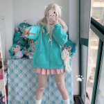 Harajuku Kawaii Y2k stiilis kapuutsid Naiste Jaapani stiilis armsad kassi k&otilde;rvad lukuga Suured dressipluusid kapuutsiga jakk S roheline