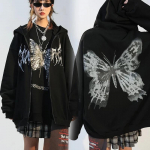 Y2k esteetilised naiste hip-hop kapuutsid, libliktr&uuml;kiga t&otilde;mblukuga jakk, naiste Goth Harajuku grunge punk t&auml;navar&otilde;ivaste mantel M must