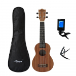 Mahagon 4-keeline 21-tolline ukulele algajale koos kapodastriga, tuuneriga ja kotiga
