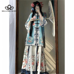 Hiina stiilis retro ainulaadne disain, tr&uuml;kitud &uuml;mmargune kaelus, etniline kost&uuml;&uuml;m, pikkade varrukatega pahkluu seeliku &uuml;likond S sinine