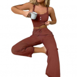 2 tk/komplekt Naiste Crop Top Pants &Uuml;likond Flower Edge V kaelusega pingutusn&ouml;&ouml;r elastne k&otilde;rge v&ouml;&ouml;kohaga &uuml;hev&auml;rviline varrukateta elastne camisole pikkade p&uuml;kste komplekt 3XL