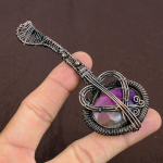 Natural Rainbow Solar Quartz Gemstone Copper Wire Wrap Guitar Pendant 3.1 k7e41