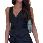 Naiste kevadsuvi vest S&uuml;gav V-kaelusega varrukateta vabaaja vest, pitsitud, &uuml;hev&auml;rviline pidulik vest, t&auml;navariided S must