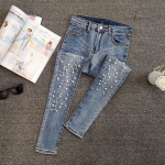 Kitsad teksad naiste teemanttikandiga auguga pliiatsip&uuml;ksid sinised teksap&uuml;ksid k&auml;rbitud p&uuml;ksid naiste teksad XS helesinine v&auml;rv
