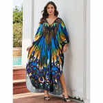 Pluss-suuruses boheemlaslik kaelakee, naiste liblikprindiga hiina s&otilde;lmega punutud V-kaelusega maksi lahtise l&otilde;ikega rannakaftankleit One-size mitmev&auml;rviline