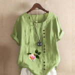 Naiste mood, lilledega prinditud &uuml;markaelus l&uuml;hikeste varrukatega T-s&auml;rk vabaaja puuvillane linane graafiline s&auml;rk vaba aja suvise pluusiga S roosa