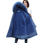 Naiste talvejope karvane kapuuts Pikad varrukad taskud p&otilde;lvedeni pluss t&otilde;mbluku ja n&ouml;&ouml;biga suletav paks pl&uuml;&uuml;s vooder puuvillane mantel keskmise pikkusega XL sinine