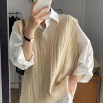 Naiste s&uuml;gis- ja talvine keeratud V-kaelusega pullover, silmkoeline kampsun vest one size aprikoosi