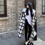 Ruuduline kapuutsiga villane mantel Naiste s&uuml;gis- ja talvine lahtine pikk villane mantel M