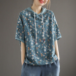 Suvised vabaaja naiste l&uuml;hikeste varrukatega s&auml;rgid, lillelised lahtised pullover, linane retrokapuutsiga lillelised &otilde;hukesed topid XXL sinine