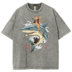 Jaapani distressed Style Cartoon Shark Print naiste T-s&auml;rk Pestud Denim Oversize Unisex Poole varrukatega Otaku Armas Top S