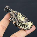 Tribal Bone Face Cameo Handmade Copper Wire Wrap Pendant 3.15 f3v98