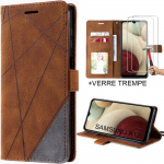 Coque pour Samsung Galaxy A12 - BOOLING - Effet Cuir Marron - Coque de Protection - Silicone, PU - 2 Verres Tremp&eacute;s