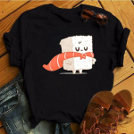 Cute Sushi hug Women T-shirts Summer black Short Sleeve T shirt girl femme O-Nock Kawaii Clothing Top tee Ladies Harajuku Tshirt S