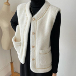 Naiste vest puuvillane s&uuml;gis-talvine varrukateta top kootud kampsunvest oversized paksenenud udune vabaaja V-kaelusega vest M valge