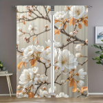 2 tk lillemustriga kardinat - Valged ja virsikuv&auml;rvi lilled okstel, vintage stiilis, ideaalne elutuppa, kontorisse, magamistuppa 53x116cm &2pc
