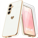Coque de Protection - BOOLING - Samsung Galaxy S25 FE - Silicone Motif C&oelig;ur - Blanc - 2 Verre Tremp&eacute; valge