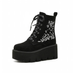 Flower Platform Boots Chunky Punk Suede Leather Womens Gothic Shoes Nightclub Lace Up platform shoes 34