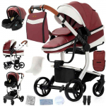 BAZARLAND30.Poussette 3 en 1 B&eacute;b&eacute; Combin&eacute;e Si&egrave;ge-Auto Nacelle Trio R&eacute;versible cuir pu Roues increvables Canne.ROUGE punane