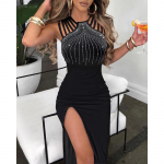 Suvised seksikad naistekleidid Rhinestone Decor Elegantne moodne mitme rihmaga k&otilde;rge l&otilde;hega O-kaelusega varrukateta maxi k&otilde;hn peokleit 2XL must