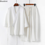 Meeste suvine puuvillane linane kaheosaline Hiina stiilis n&ouml;&ouml;riga kinnitatav kimono top+p&uuml;ksid vabaaja &uuml;likond mees vintage Hanfu Tangi &uuml;likond M-9XL M valge