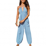Naiste halter maxi jumpsuit plisseeritud s&uuml;gava V-kaelusega &uuml;hes t&uuml;kis jogger pikkade p&uuml;kstega taskutega vabaaja ranna varrukateta romperid S helesinine v&auml;rv