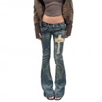 GlowGir Naiste Vintage Sinised Madala V&ouml;&ouml;kohaga Rebitud Laienevad Teksap&uuml;ksid Ameerika Retro Kitsad 90ndate 2000ndate Denim P&uuml;ksid Kellap&uuml;ksid Y2k Harajuku P&uuml;ksid S