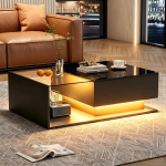 K&otilde;rgl&auml;ikega must kohvilaud 100x50x32 cm - klaasplaadi ja sahtlitega, kriimustuskindel, 1 sahtliga, LED-valgustusega, moodsasti 100 x 50 x 32 cm must