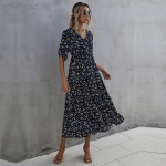 Suveprindiga maksikleit pikk &otilde;huke V kaelusega k&otilde;rge v&ouml;&ouml;koht poolvarrukatega meresinine SML XL S kuninglik sinine v&auml;rv