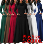 S&uuml;gis- ja talvine naiste suur kapuutsiga vabaaja pikk pullover, puuvillane pikk kleit 7-v&auml;rviline krae, suur kiik, &otilde;huke pikk kleit 5XL