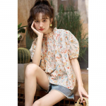 Mishow naiste pluus 2023, suvine puhvis varrukas, lilleline O-kaelus, vaba vaba vabaaja moes, magusad pullovertopid MXC37X0034 S