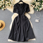 Prantsuse retro V-kaelusega volangidega l&uuml;hikeste varrukatega kleit naistele suvine &otilde;huke v&ouml;&ouml;koht ja elegantsed A-kujulised pikad swing KLIDID One Size must